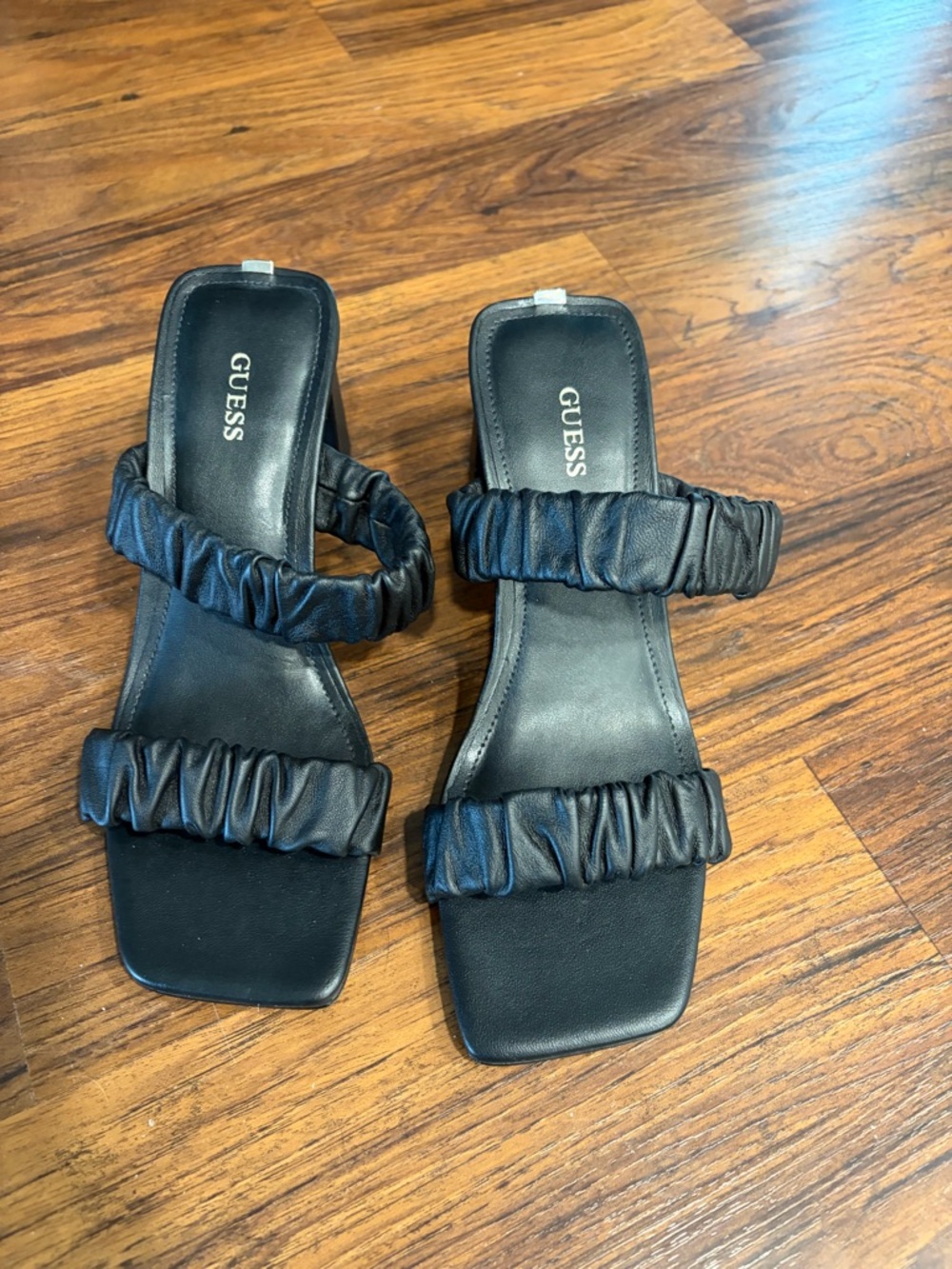 GUESS Black Ruched Double-Strap Slide Sandals with Squared Toe